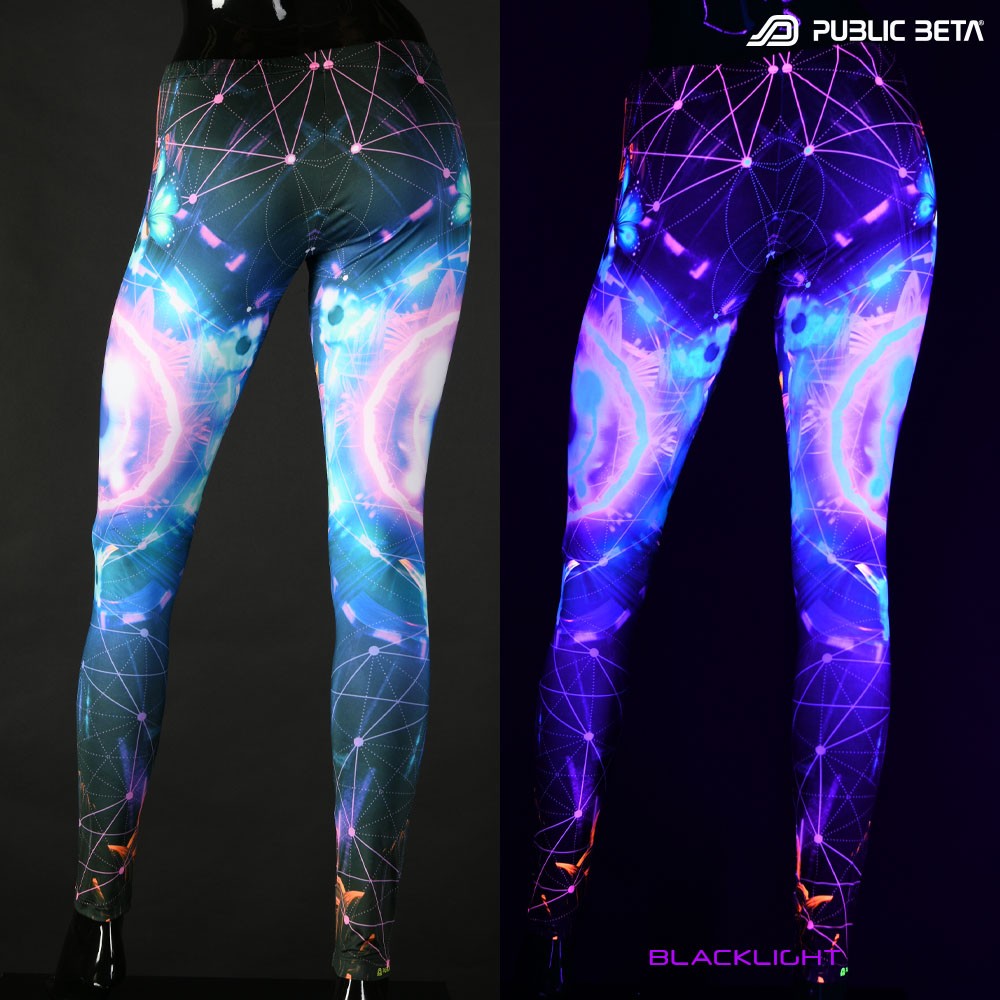 the eye UV reactive design print on leggings by Public Beta Wear