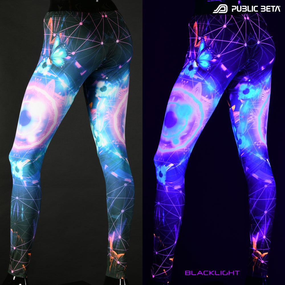 the eye UV reactive design print on leggings by Public Beta Wear