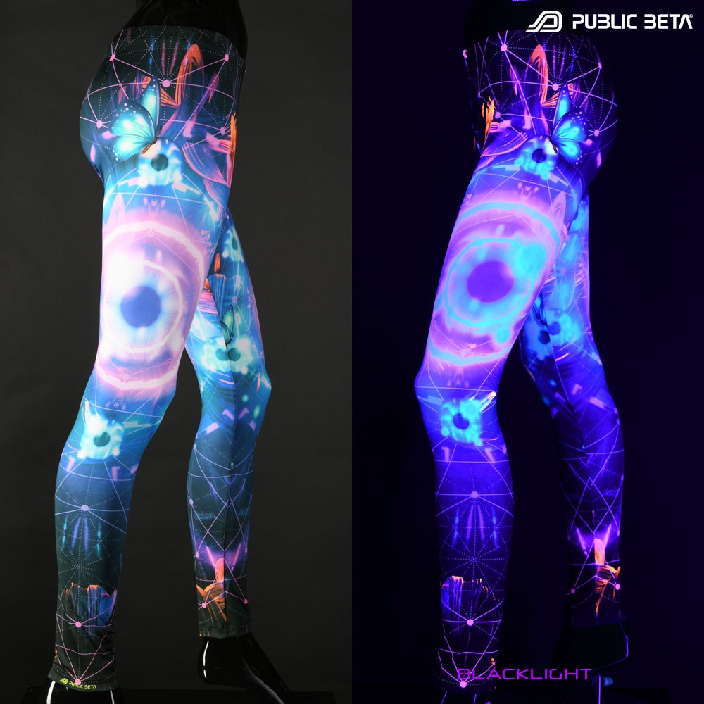the eye UV reactive design print on leggings by Public Beta Wear