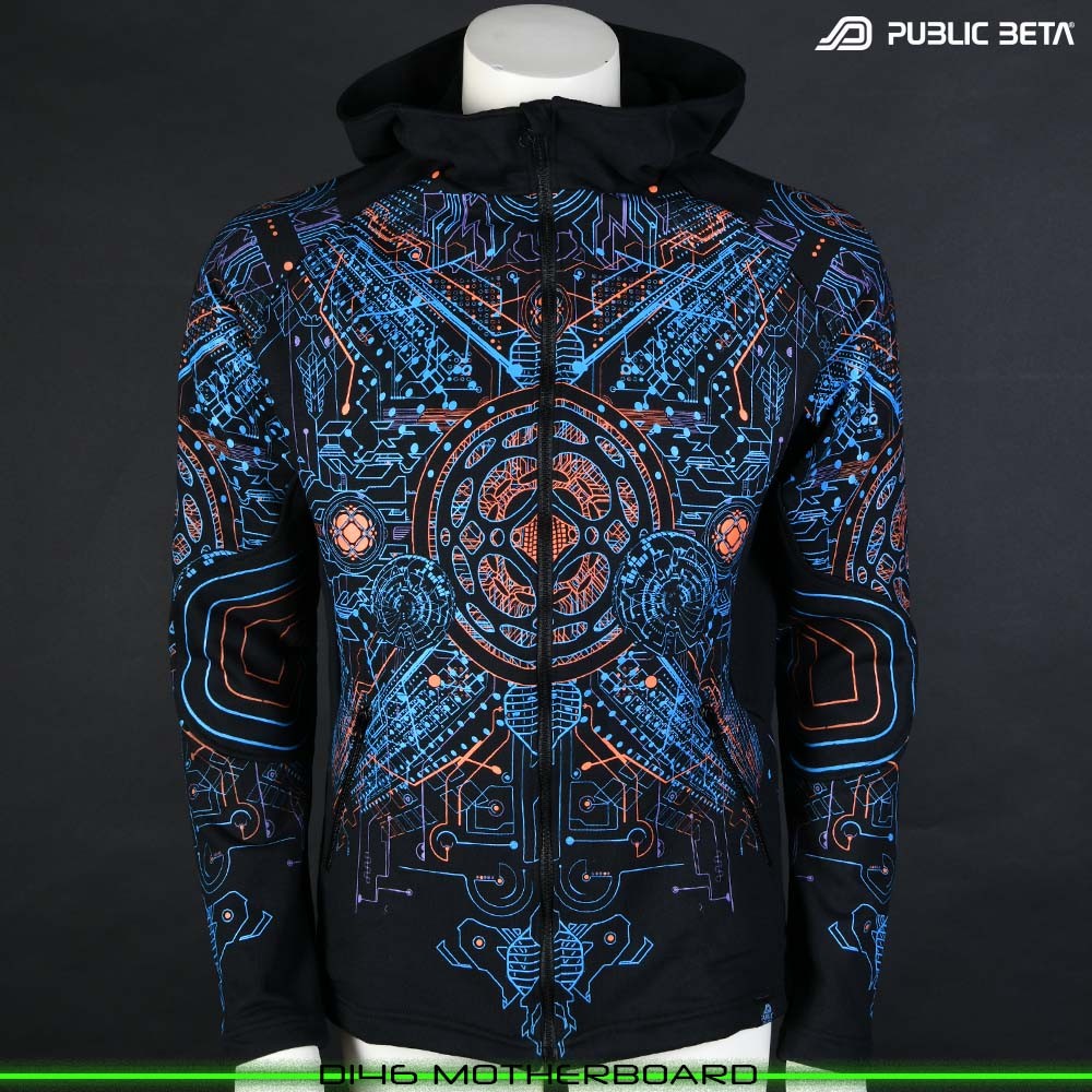 Motherboard blacklight art psytrance wear hooded sweater by Public Beta Wear