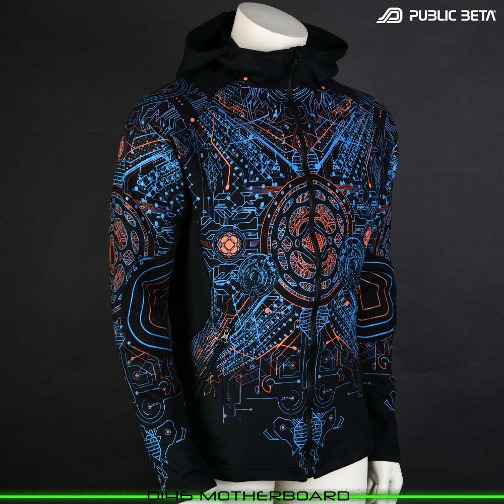Motherboard blacklight art psytrance wear hooded sweater by Public Beta Wear