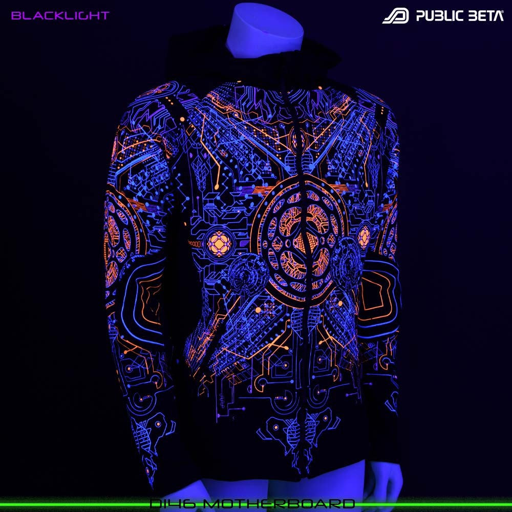 Motherboard blacklight art psytrance wear hooded sweater by Public Beta Wear