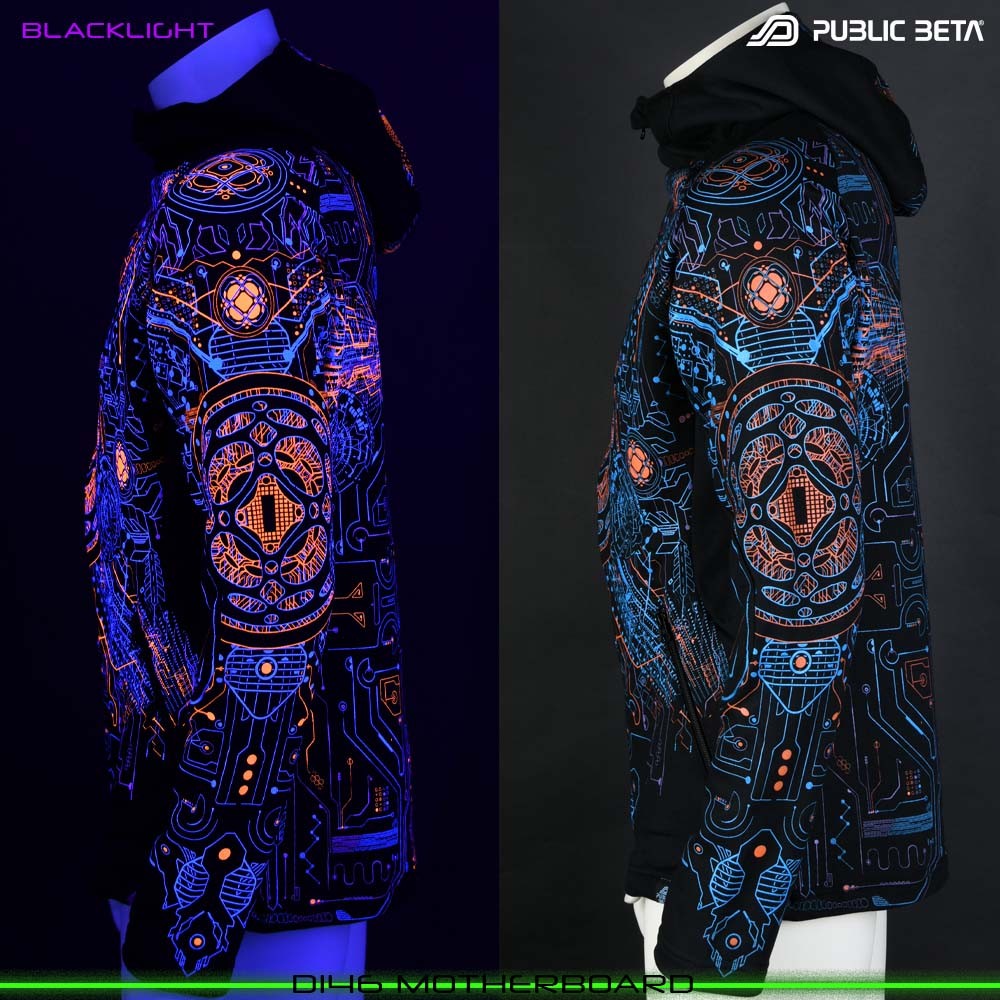 Motherboard blacklight art psytrance wear hooded sweater by Public Beta Wear