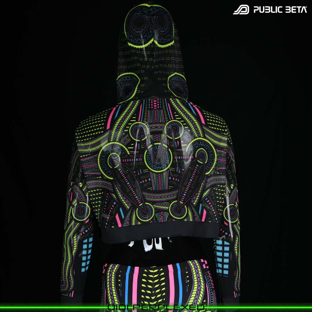Blacklight Hooded Top. UV Active Psychedelic Top with Hood D101 PERPLEXED by Public Beta Wear