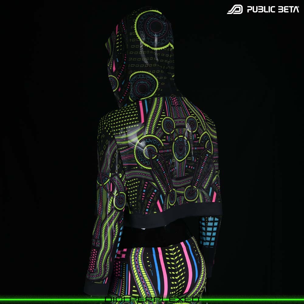 Blacklight Hooded Top. UV Active Psychedelic Top with Hood D101 PERPLEXED by Public Beta Wear