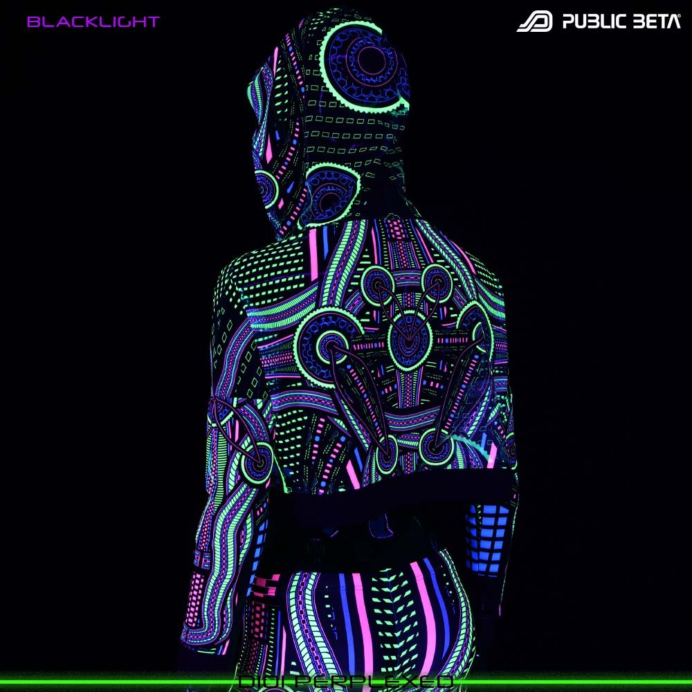 Blacklight Hooded Top. UV Active Psychedelic Top with Hood D101 PERPLEXED by Public Beta Wear