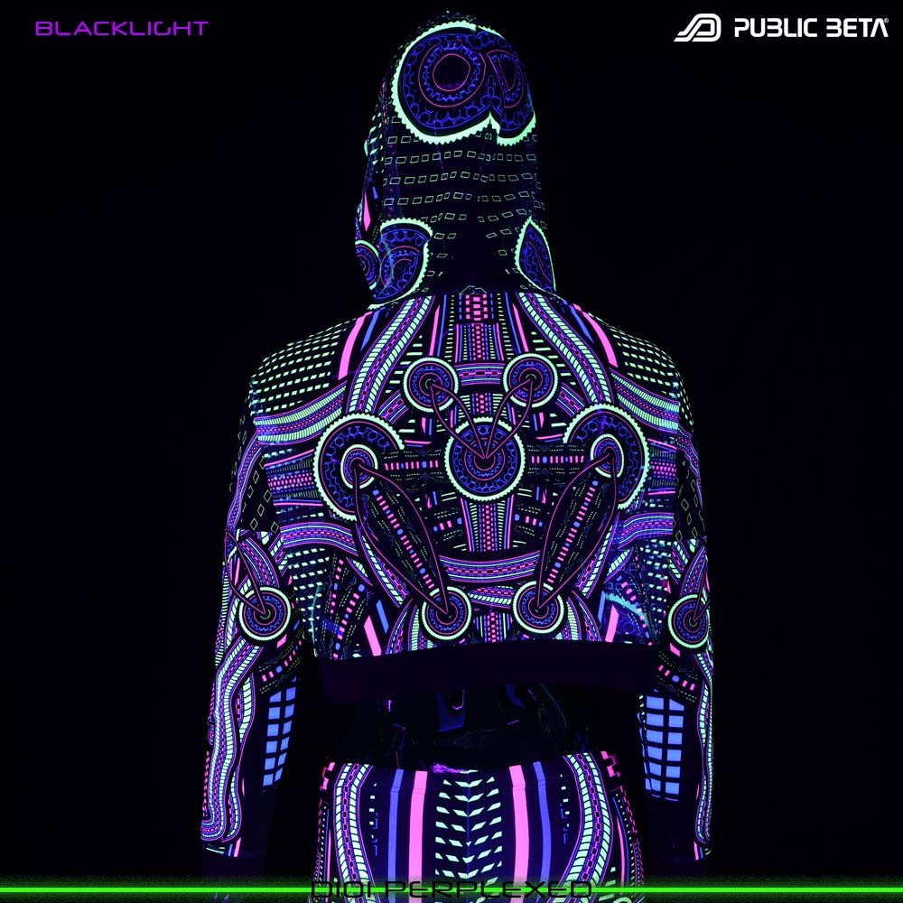 Blacklight Hooded Top. UV Active Psychedelic Top with Hood D101 PERPLEXED by Public Beta Wear