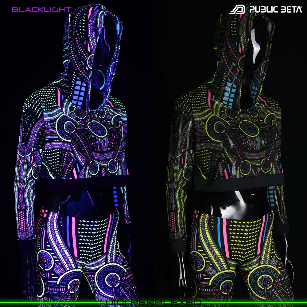 Blacklight Hooded Top. UV Active Psychedelic Top with Hood D101 PERPLEXED by Public Beta Wear