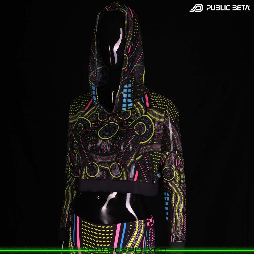 Blacklight Hooded Top. UV Active Psychedelic Top with Hood D101 PERPLEXED by Public Beta Wear