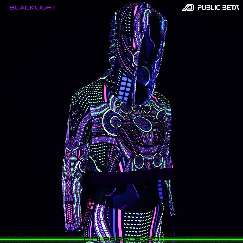 Blacklight Hooded Top. UV Active Psychedelic Top with Hood D101 PERPLEXED by Public Beta Wear
