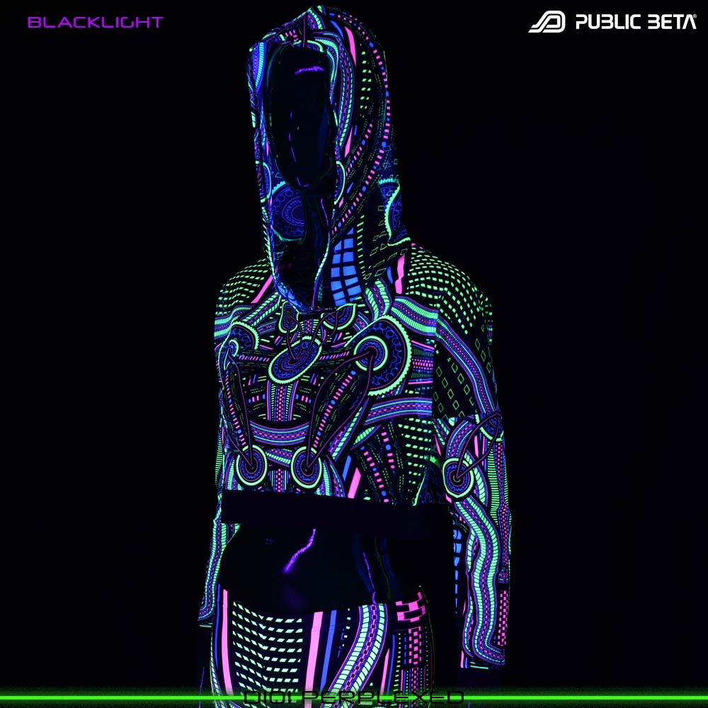 Blacklight Hooded Top. UV Active Psychedelic Top with Hood D101 PERPLEXED by Public Beta Wear