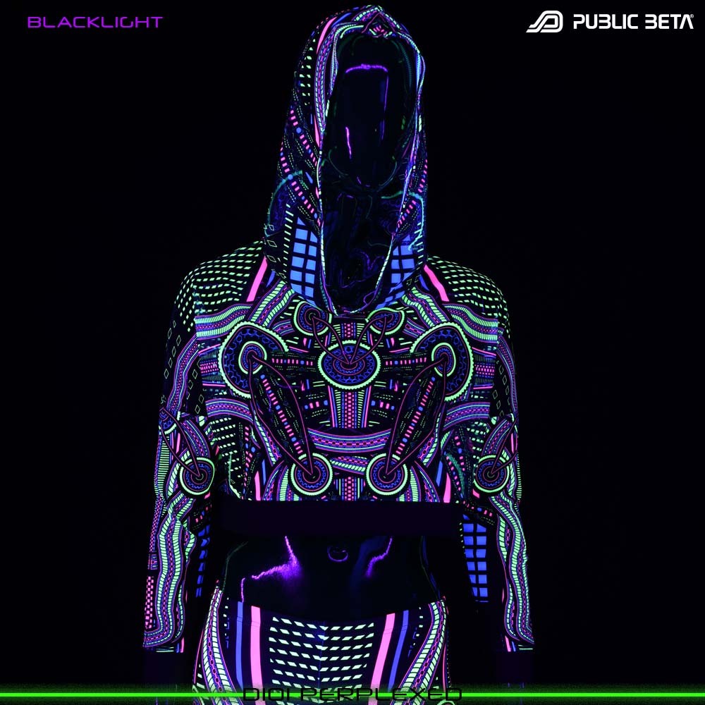 Blacklight Hooded Top. UV Active Psychedelic Top with Hood D101 PERPLEXED by Public Beta Wear
