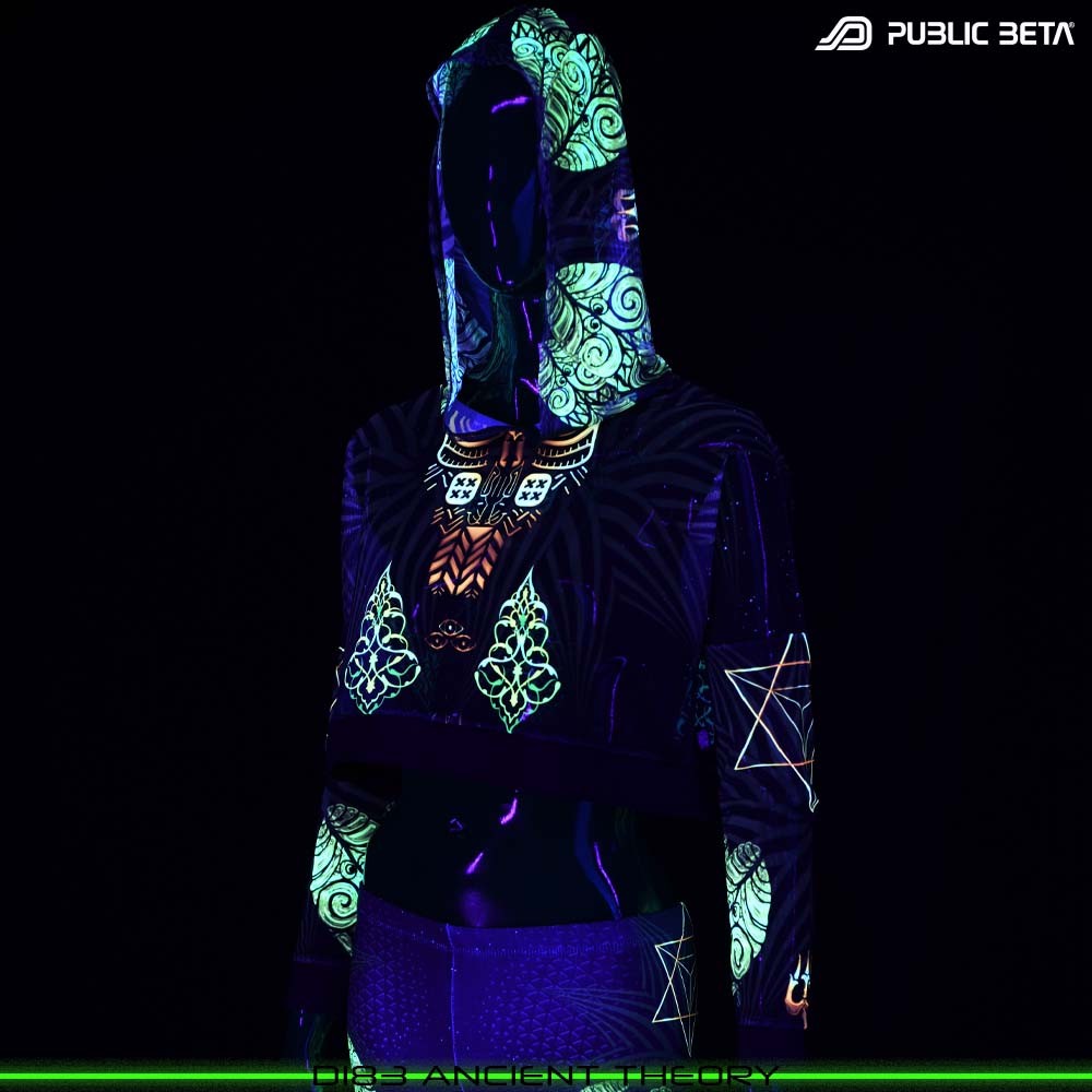 Glow in Blacklight Hooded Top. UV Active Psychedelic Top by Public Beta Wear