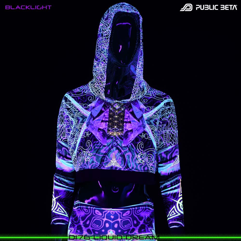 Glow in Blacklight Hooded Top. UV Active Psychedelic Top by Public Beta Wear