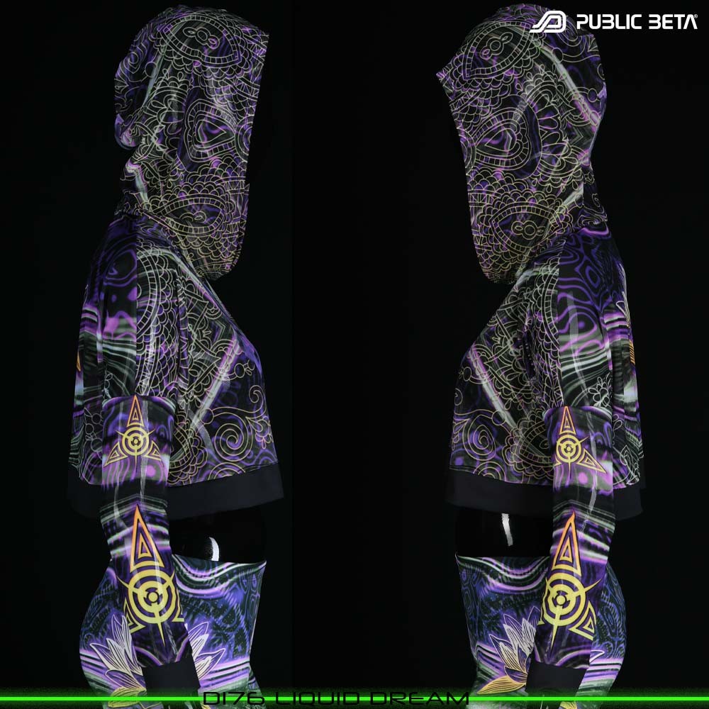 Glow in Blacklight Hooded Top. UV Active Psychedelic Top by Public Beta Wear