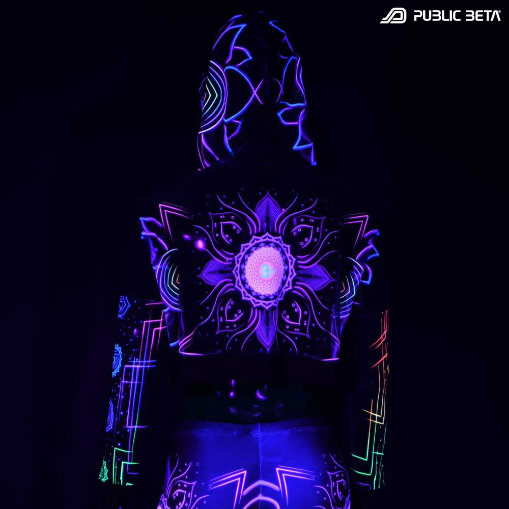 Blacklight Reactive Hooded Crop Top Mesh /Chakra Power D112