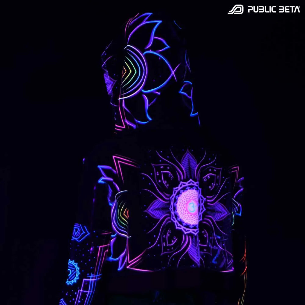 Blacklight Reactive Hooded Crop Top Mesh /Chakra Power D112