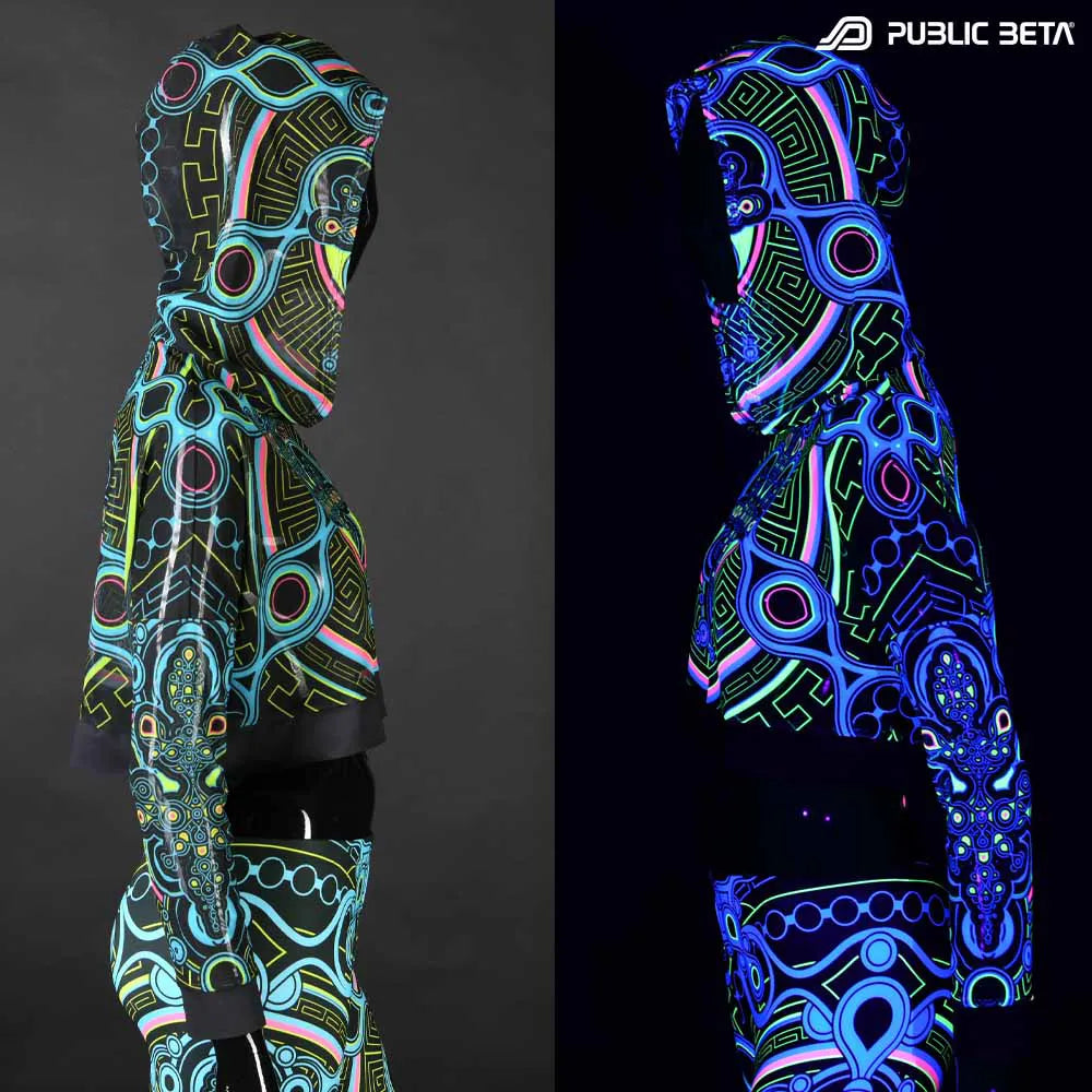 Blacklight Reactive Hooded Crop Top Mesh /Archaic Trip D12