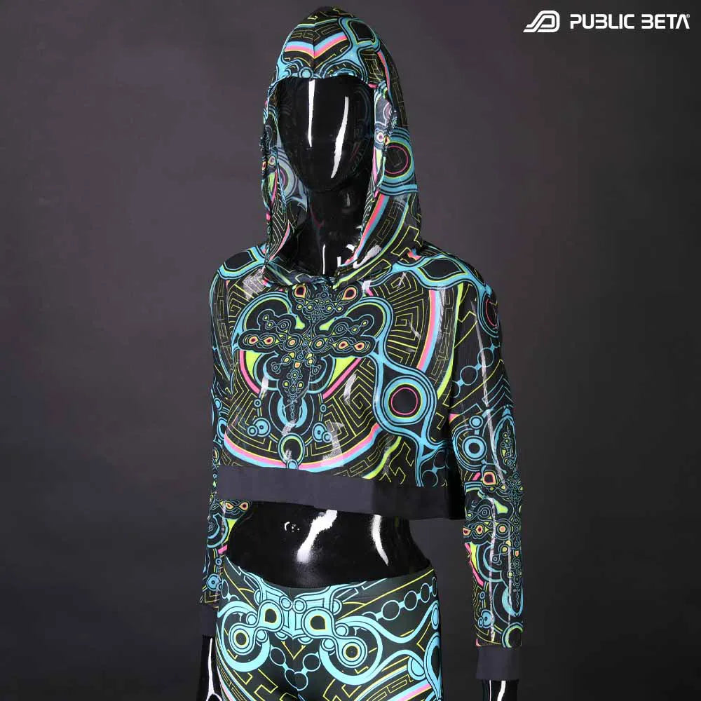 Blacklight Reactive Hooded Crop Top Mesh /Archaic Trip D12