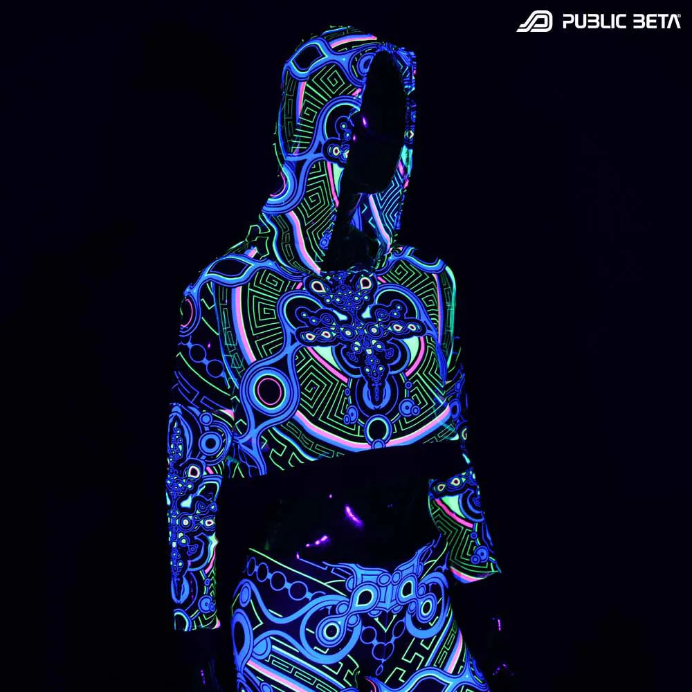 Blacklight Reactive Hooded Crop Top Mesh /Archaic Trip D12