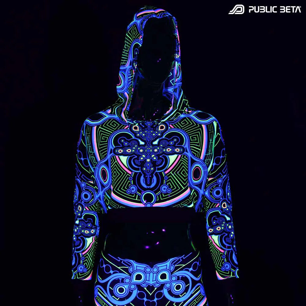 Blacklight Reactive Hooded Crop Top Mesh /Archaic Trip D12