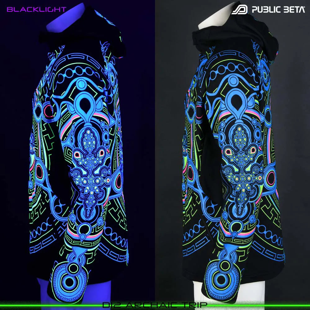 Archaic Trip D12 UV Hooded Sweater / Glow in Blacklight Psywear