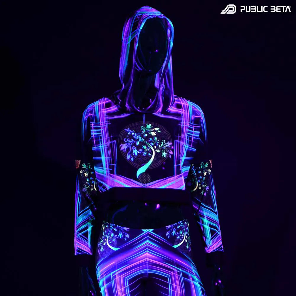 Hooded Crop Top/ Glow in Blacklight Mesh /DigiTree D144