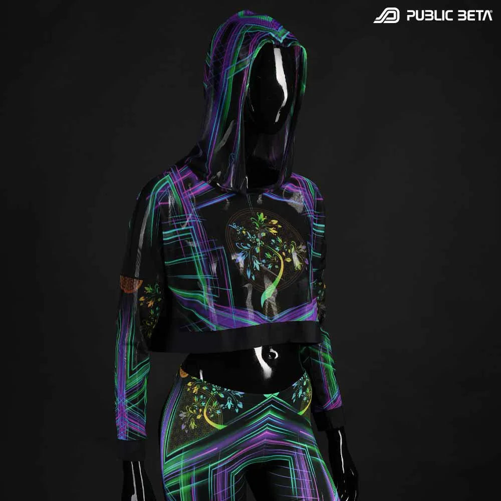 Hooded Crop Top/ Glow in Blacklight Mesh /DigiTree D144