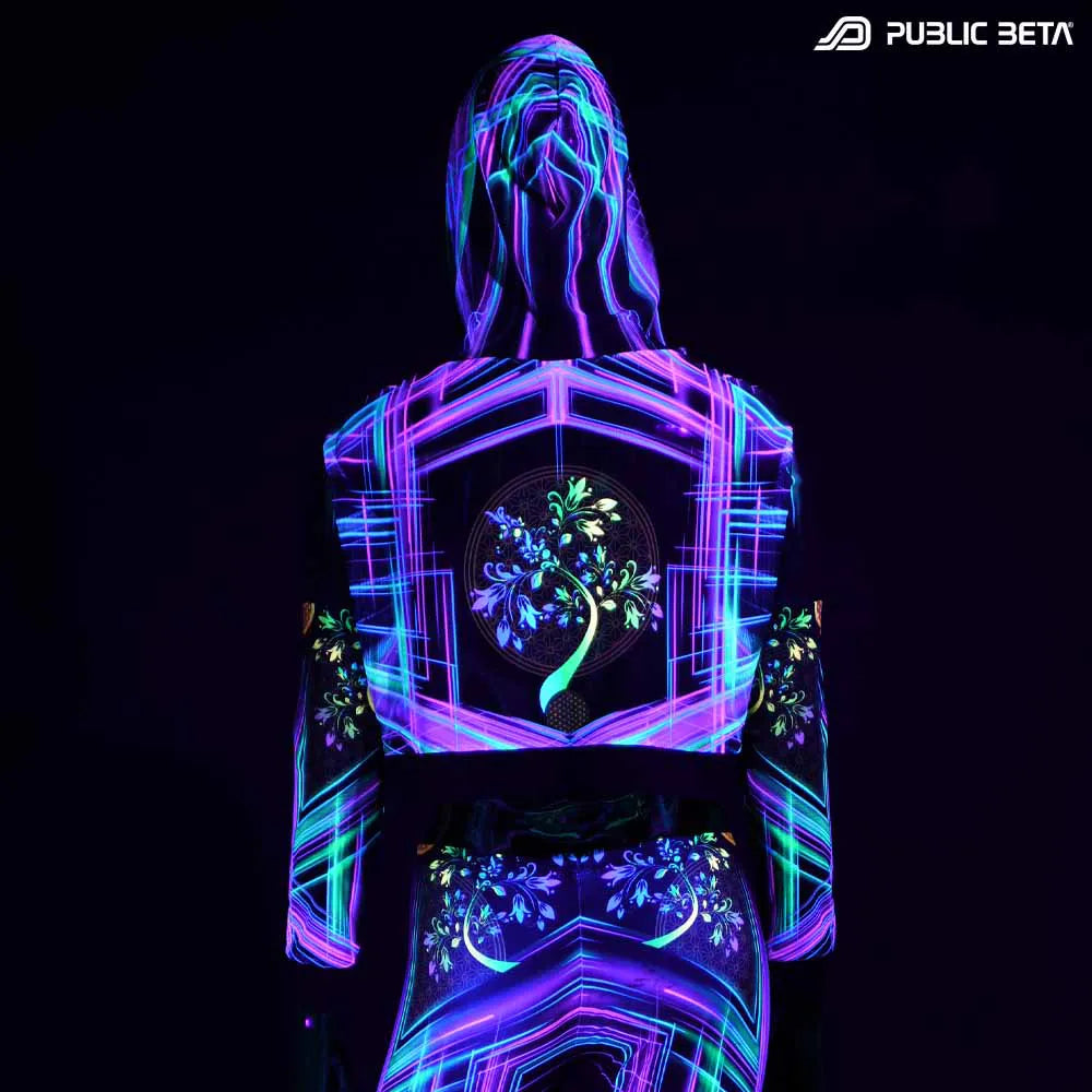 Hooded Crop Top/ Glow in Blacklight Mesh /DigiTree D144