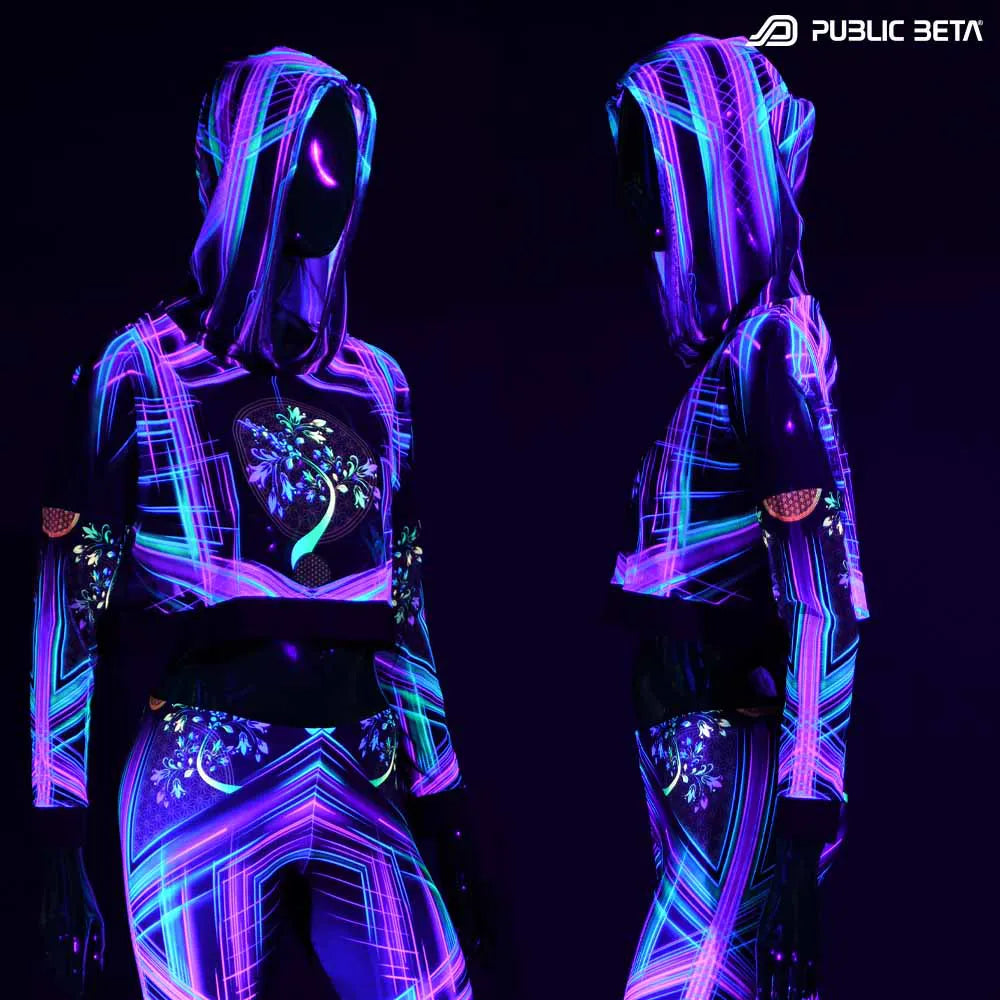 Hooded Crop Top/ Glow in Blacklight Mesh /DigiTree D144