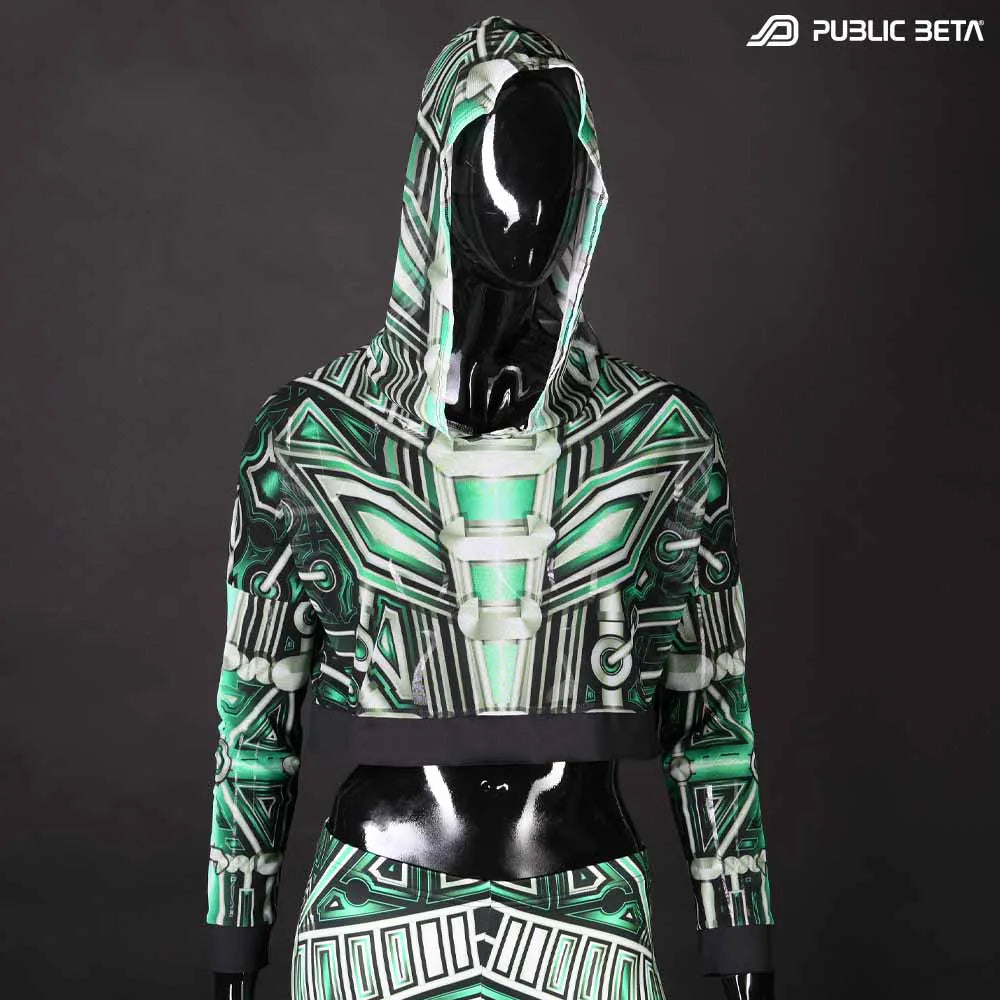 Hooded Crop Top/ Glow in Blacklight Mesh /Plazma Heart D154