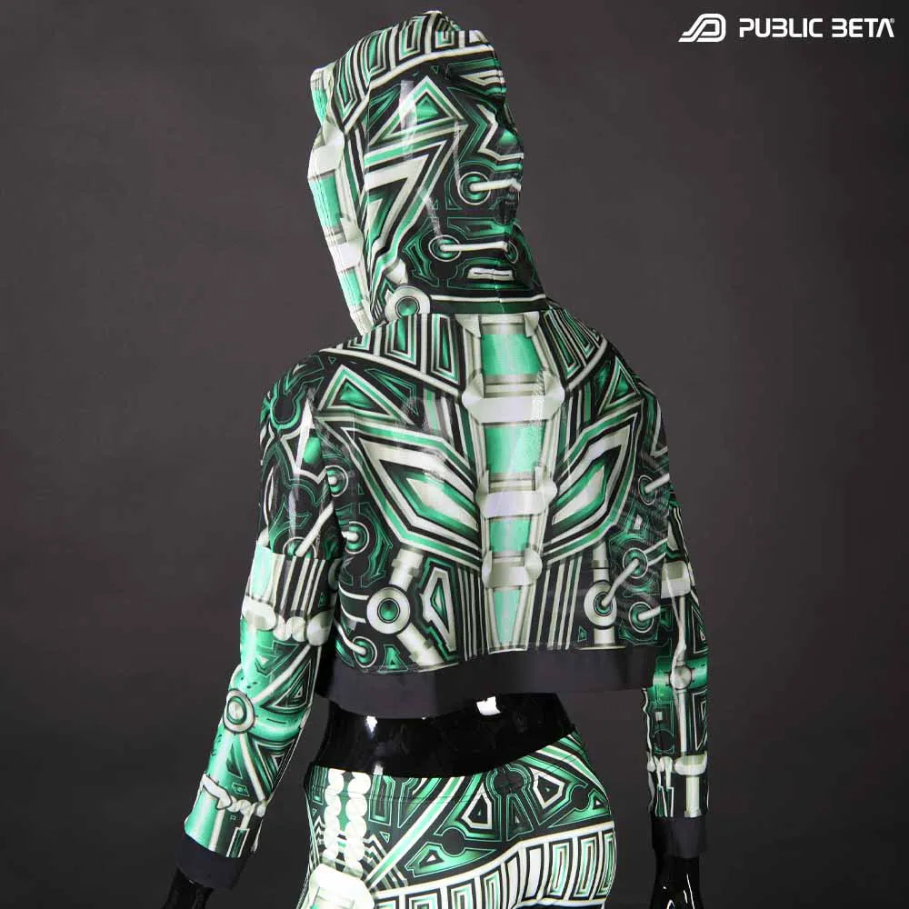 Hooded Crop Top/ Glow in Blacklight Mesh /Plazma Heart D154