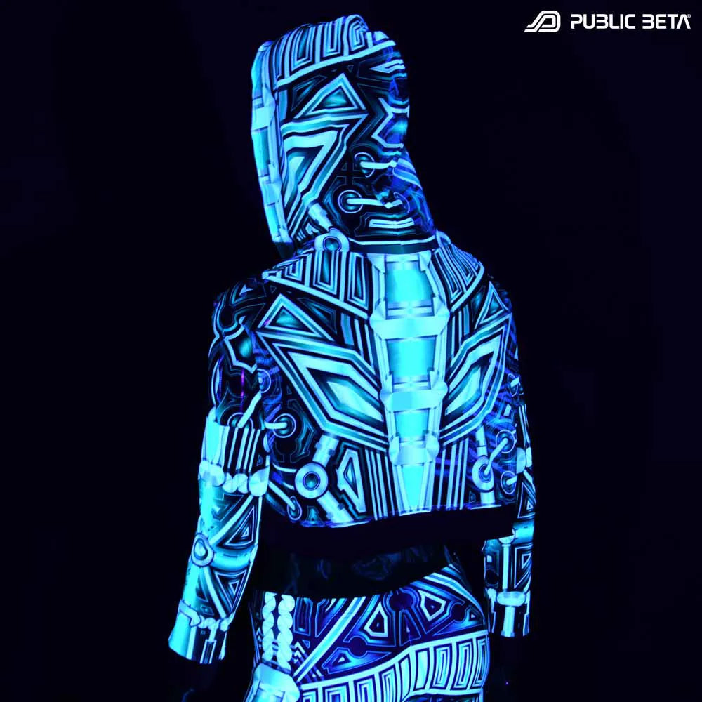 Hooded Crop Top/ Glow in Blacklight Mesh /Plazma Heart D154