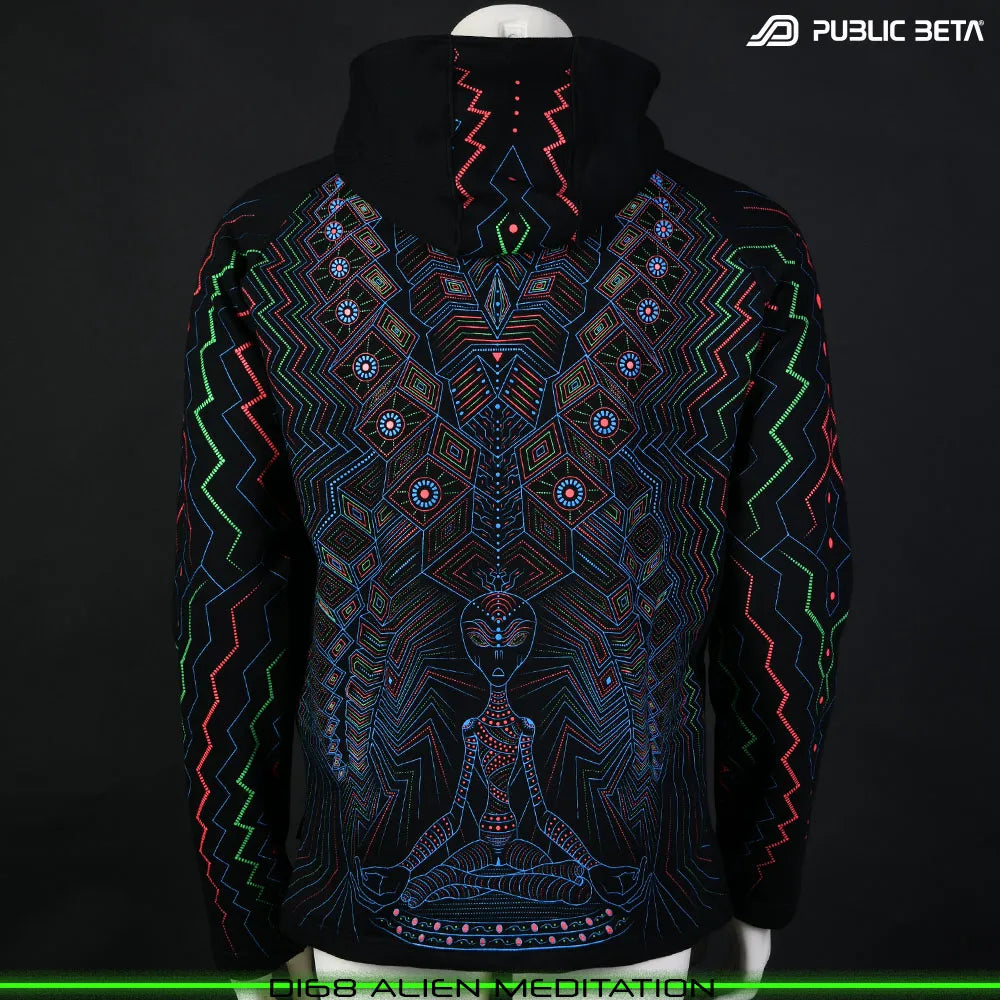 Alien Meditation D168 UV Hooded Sweater / Glow in Blacklight Psywear