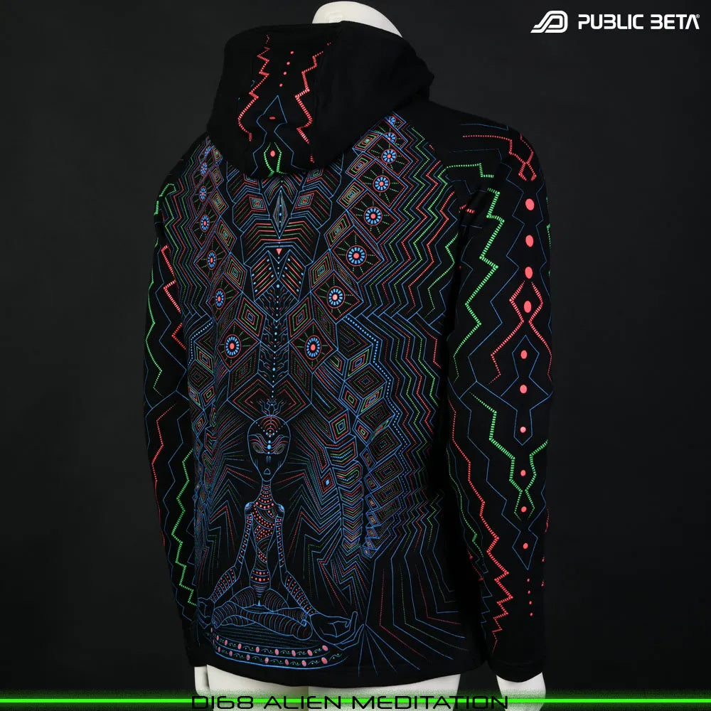 Alien Meditation D168 UV Hooded Sweater / Glow in Blacklight Psywear