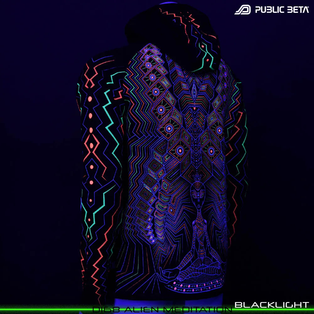 Alien Meditation D168 UV Hooded Sweater / Glow in Blacklight Psywear