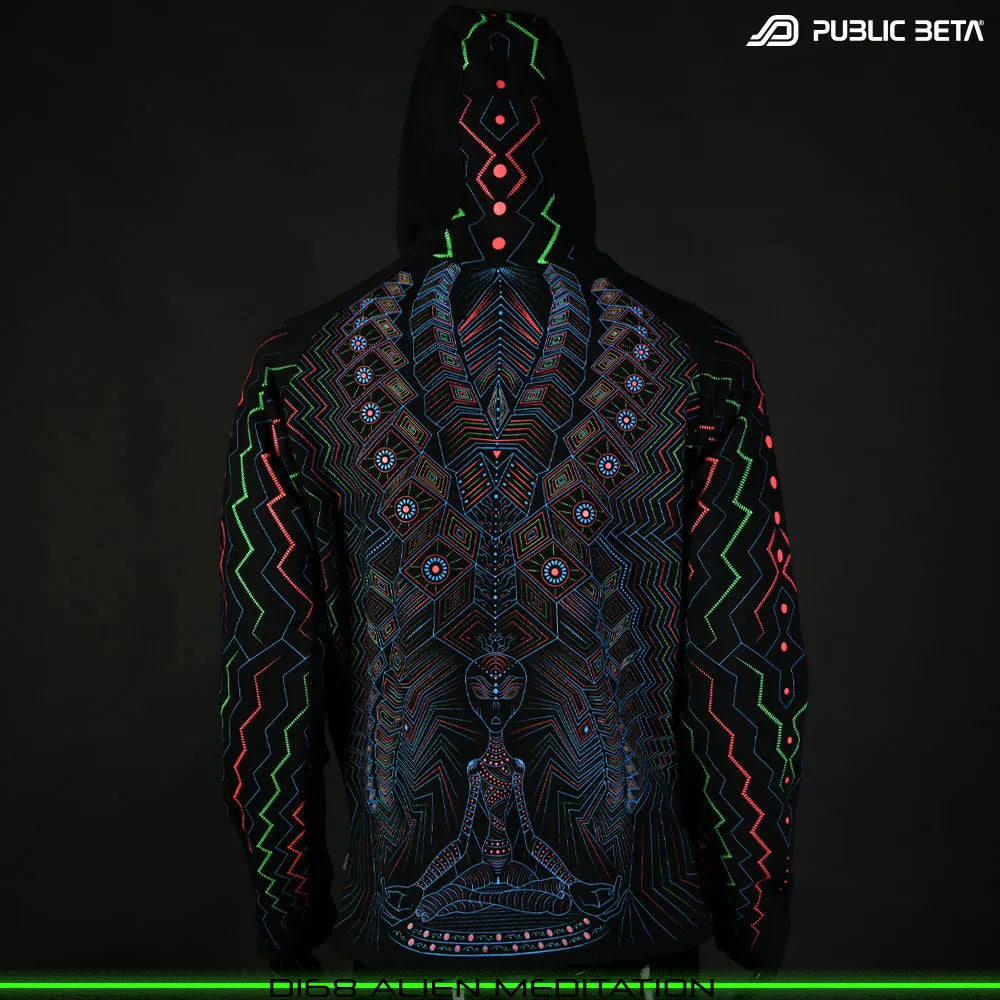 Alien Meditation D168 UV Hooded Sweater / Glow in Blacklight Psywear