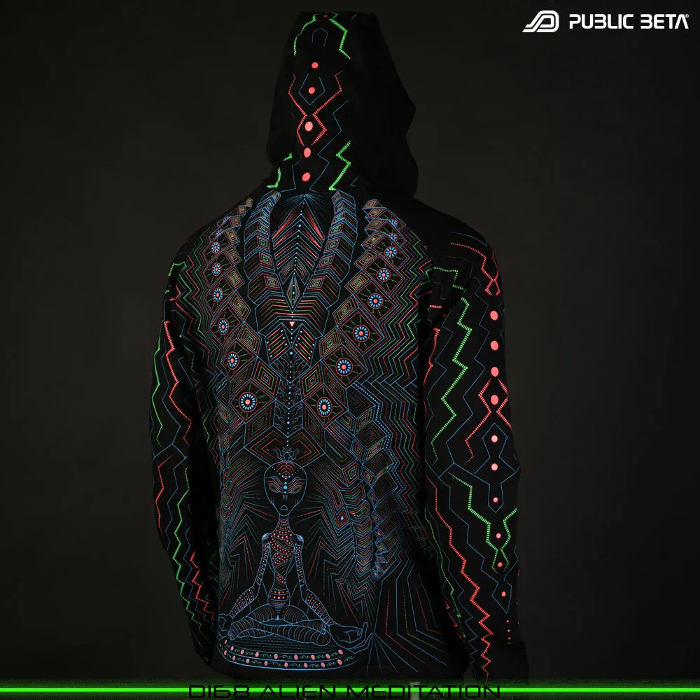 Alien Meditation D168 UV Hooded Sweater / Glow in Blacklight Psywear