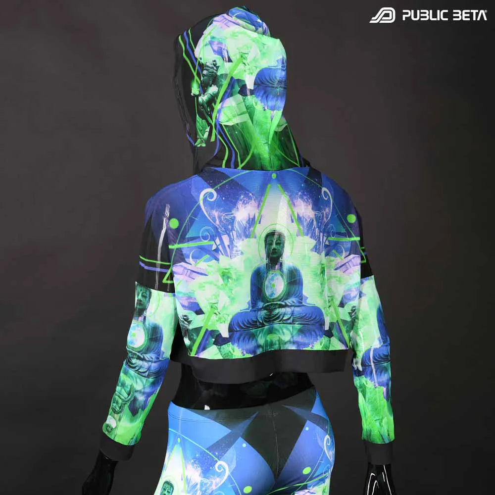 Hooded Crop Top/ Glow in Blacklight Mesh /Source D59