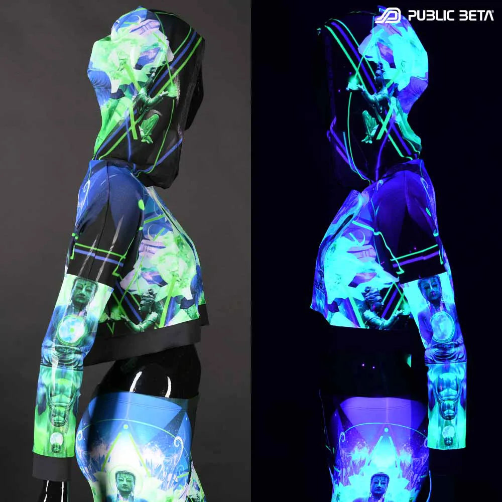 Hooded Crop Top/ Glow in Blacklight Mesh /Source D59
